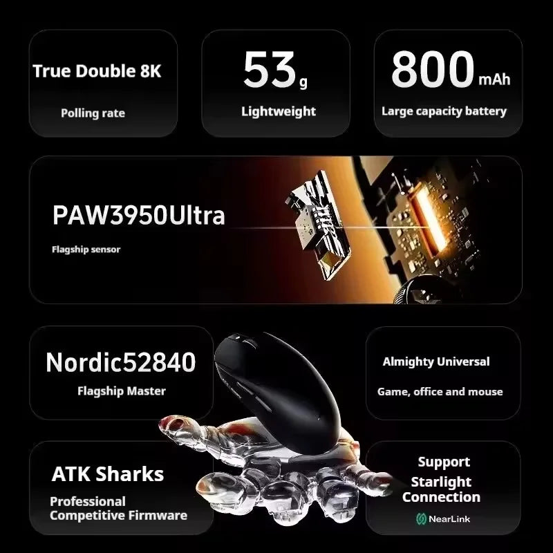 ATK A9 Wireless Gaming Mouse NearLink Technology Ergonomic PAW3395 Tri-Mode Bluetooth Low Latency Esports Mice PC