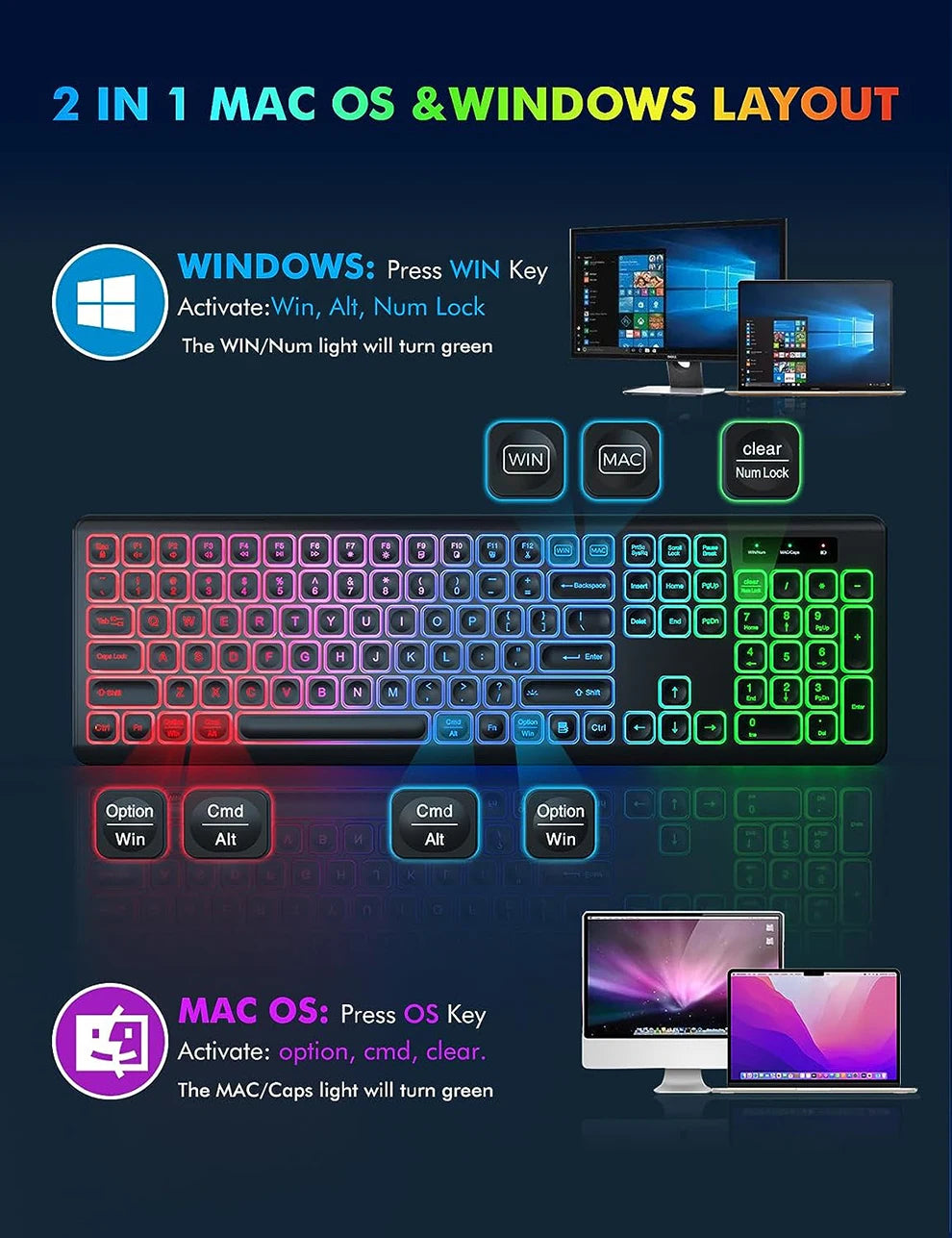 Conjunto de teclado e rato sem fios com retroiluminação RGB, letras iluminadas recarregáveis, tamanho completo, ergonómico, modo de suspensão, 2.4GHz