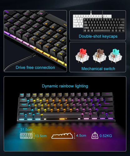 Tastiera meccanica 60% da gaming, tastiera gamer meccanica per PC, laptop e ufficio, mini keyboard con tasti bianchi