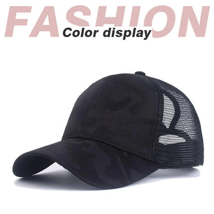 2023 Women Summer Ponytail Baseball Cap Cotton Camouflage Print Mesh Hat Adjustable Sports Golf Hat Girl Outdoor Casual Sun Hat
