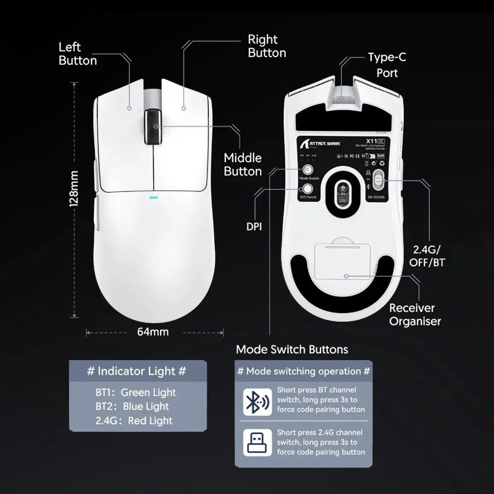 ATTACK SHARK X11SE Ultra-Light Wireless Gaming Mouse,20Million cycles life,PAW3311 Gaming,22KDPI,400IPS,40G,1KHz,65 Hours,30mAH