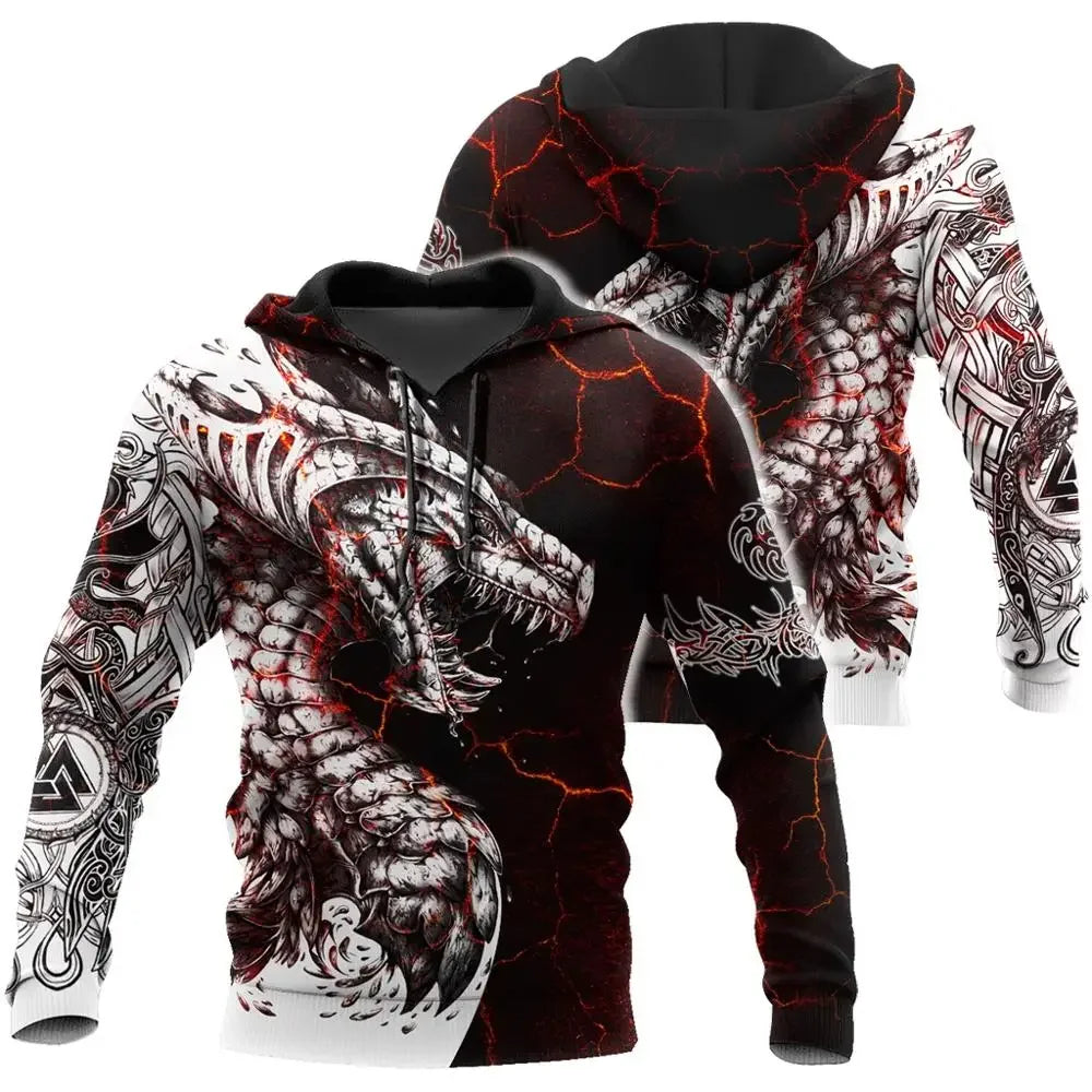 Pánská mikina s kapucí Black & White Tattoo Dragon s 3D potiskem, unisex streetwear, na zip, ležérní bunda, tepláková souprava KJ0192