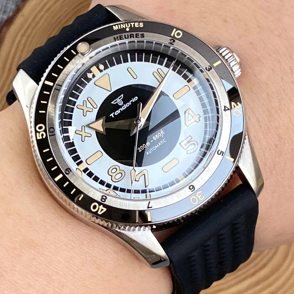 Tandorio Waterproof Watch Men Dome Sapphire Crystal Roman Numbers 120 Clicks Bezel NH35A/Miyota 8215 Movt Silicone Grey Dial