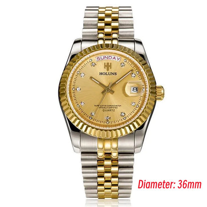 Holuns Luxury Classic 36/41mm Gold Men Watches Japan MIYOTA Quartz Movt Stainless Steel Classic Business Wristwatch Waterproof