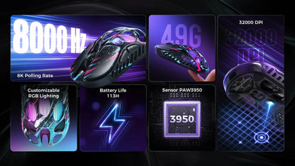 GravaStar Mercury X Pro Tri-Mode Wireless Gaming Mouse, 8K Receiver, Magnesium Alloy Lightweight, Long Battery Life, RGB  Gaming