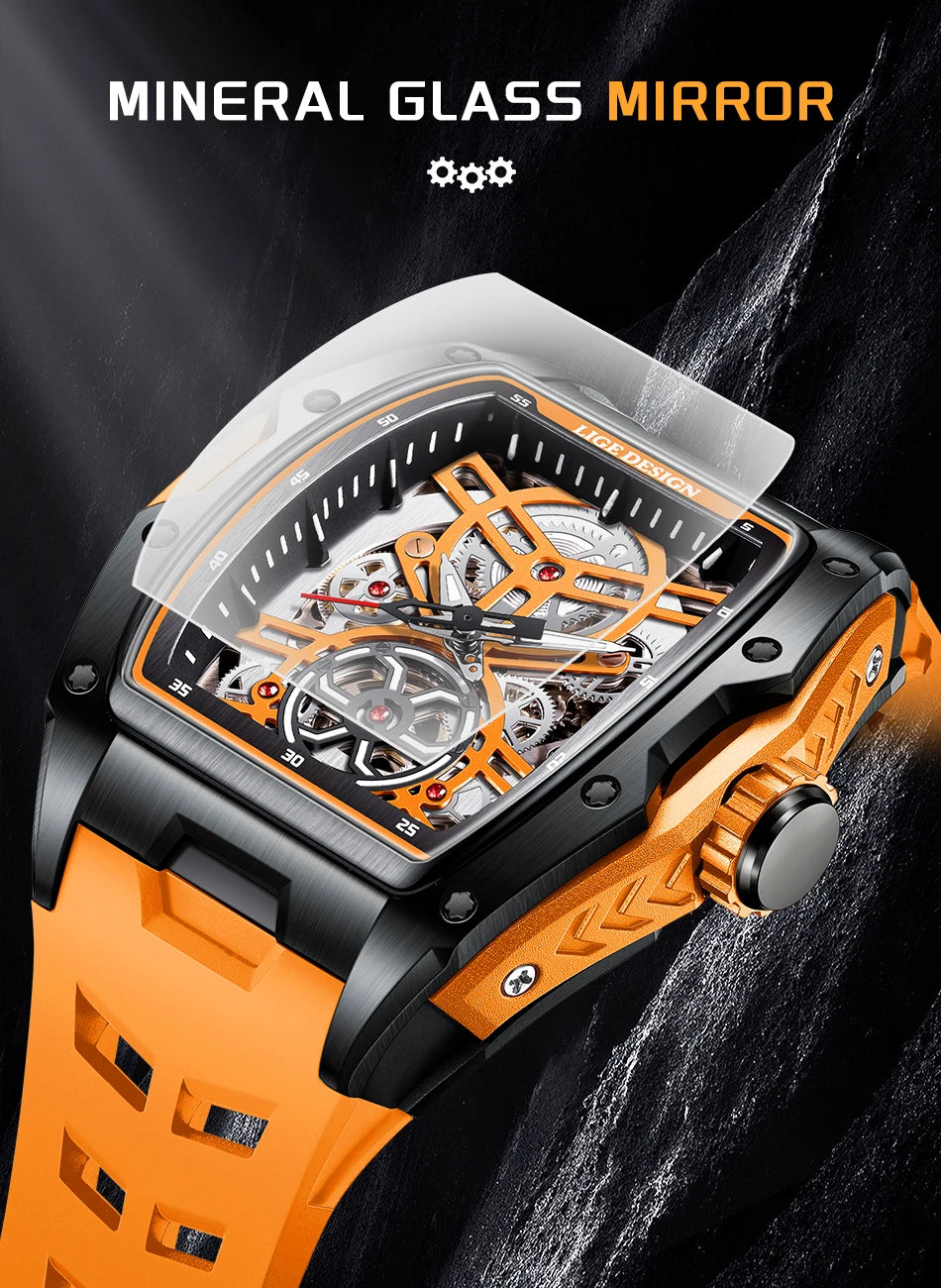 LIGE New Watches Mens Skeleton Mechanical Automatic Watch Top Brand Luxury Luminous 30M Waterproof Watch For Men reloj hombre