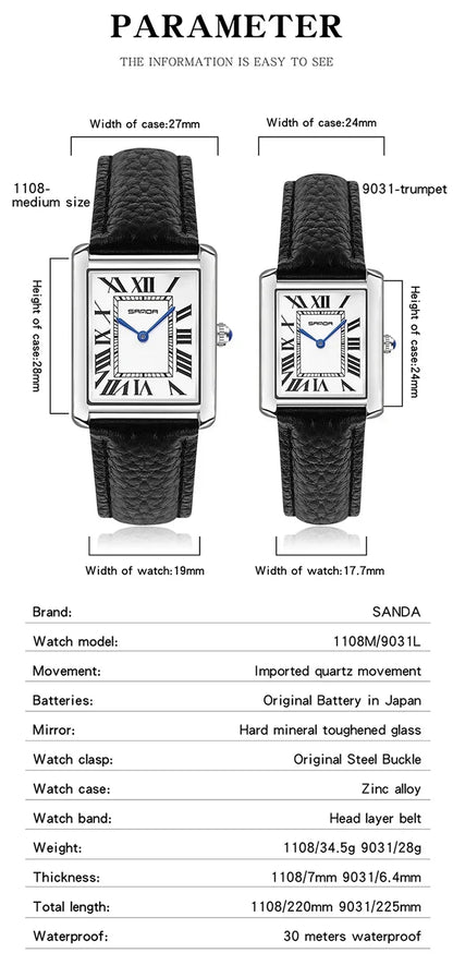 SANDA 9031/1108 Sport Casual Women Men Quartz Watches Reloj Luxury Couple Watch Resistant Leather Strap Square Dial Waterproof
