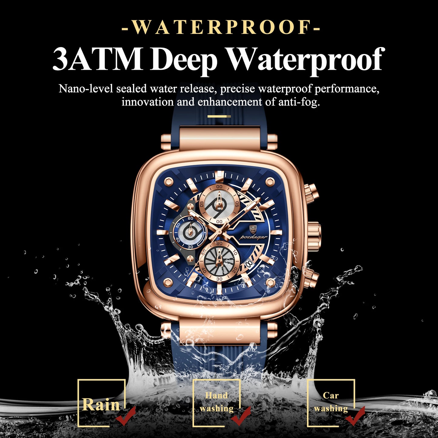 POEDAGAR Square Sport Man Wristwatch Date Waterproof Luminous Chronograph Watch For Men Silicone Strap Men's Quartz Watches Male