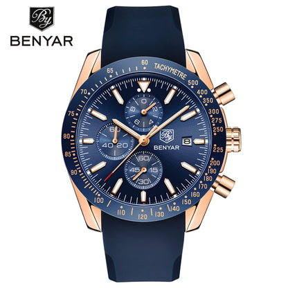 Relógios de luxo para homem BENYAR – Relógios de pulso de quartzo com bracelete em pele, resistentes à água até 30 m, estilo desportivo.