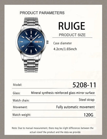 RUIGE Weekly Calendar Men's Fully Automatic Mechanical Watch Stainless Steel Business Men's Night Light Waterproof Versatile Wat