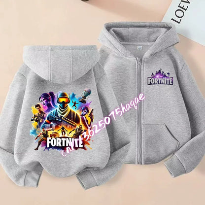 Casacos com capuz e fecho para criança Fortnites, sweatshirts Anime Fortress Night, sweatshirts gaming de primavera/outono, roupa desportiva infantil, presente