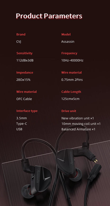 CVJ Assassin Earphones 1BA+1DD+1Vibration Switch Adjustable Gaming E-sports In-Ear 3.5mm&Type-C Hifi Headphones