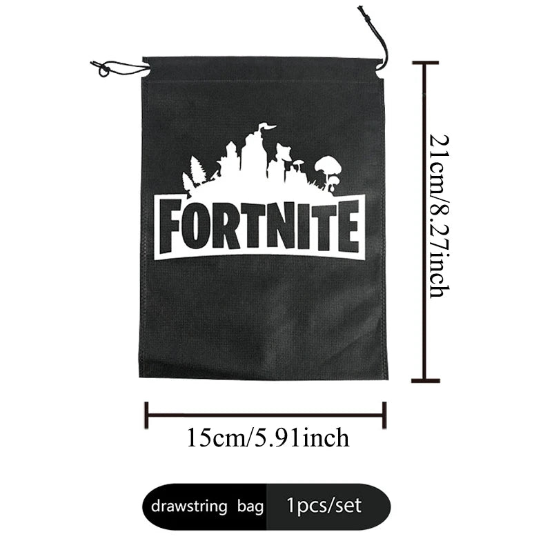 Fortnight témájú sorozat fekete/ezüst kis zsinóros táska, hordozható tároló, rajzfilmes zseb, ajándék születésnapi parti dekorációhoz
