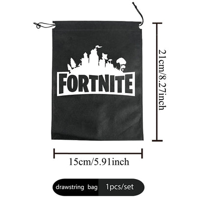 Fortnight témájú sorozat fekete/ezüst kis zsinóros táska, hordozható tároló, rajzfilmes zseb, ajándék születésnapi parti dekorációhoz