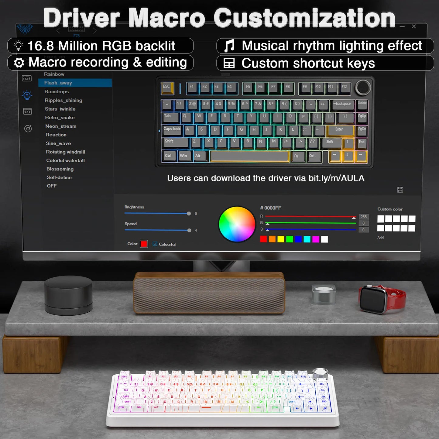 Tastiera meccanica gaming wireless AULA F75 Pro con montaggio gasket, RGB personalizzato, layout 75% e keycap PBT con incisione laterale