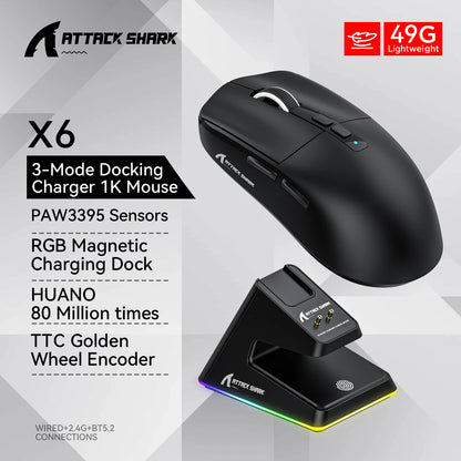 ATTACK SHARK X6 Tri-mode Gaming Mouse with Magnetic Charging Dock, PixArt PAW3395 Sensor, 26K DPI, 49g Ultralight, for PC/Mac