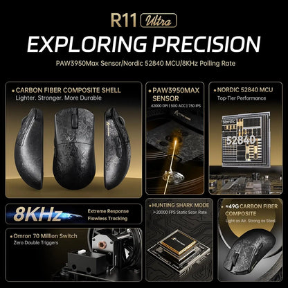 ATTACK SHARK R11 ULTRA 49g od karbonskih vlakana 8000Hz bežični gaming miš, 42000 DPI, 20000 FPS, PAW3950MAX, Nordic 52840 čip