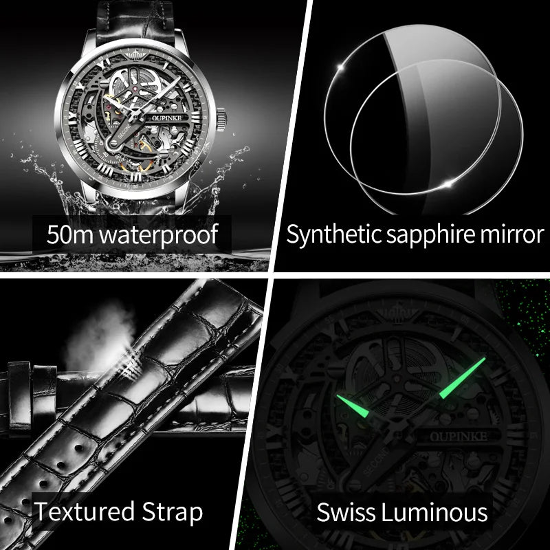 OUPINKE 3173 Skeleton Automatic Mechanical Watch Luxury Brand 50M Waterproof Watch Leather Strap Mens Watch Box Gifts Reloj