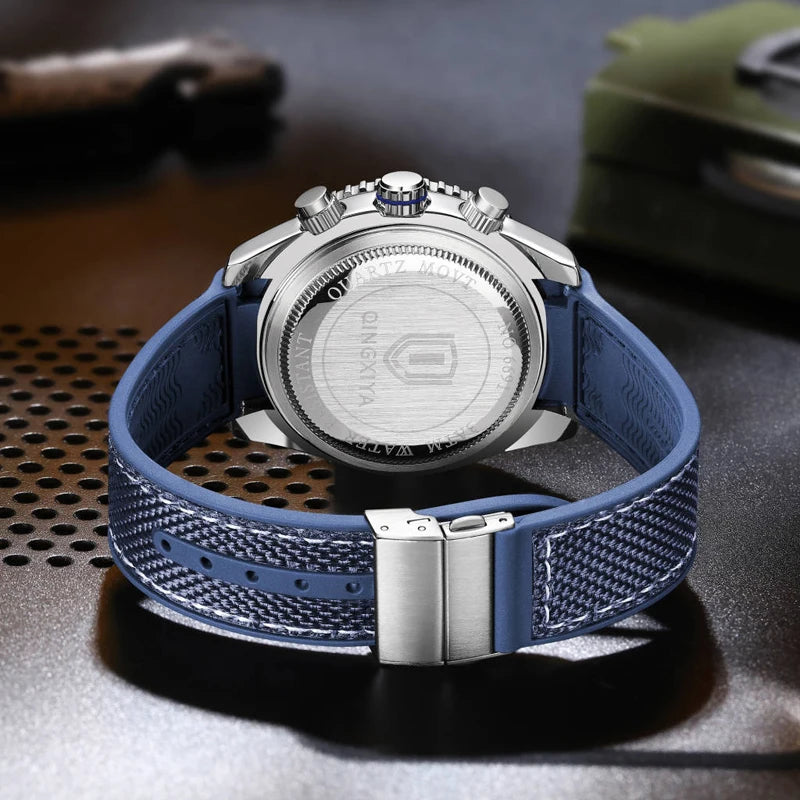 QINGXIYA Brand Luxury Multifunctional Quartz Watch Men Silicone Strap Waterproof Luminous Chronograph Watches Mens Sports Watch