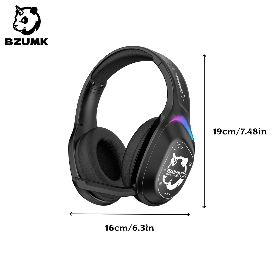 Casque de jeu sans fil multi-mode BZUMK, 2,4 GHz, Bluetooth V5.3, avec câble, 3 modes, éclairage RGB, casque supra-auriculaire avec microphone pour PC, ordinateur portable et téléphone.