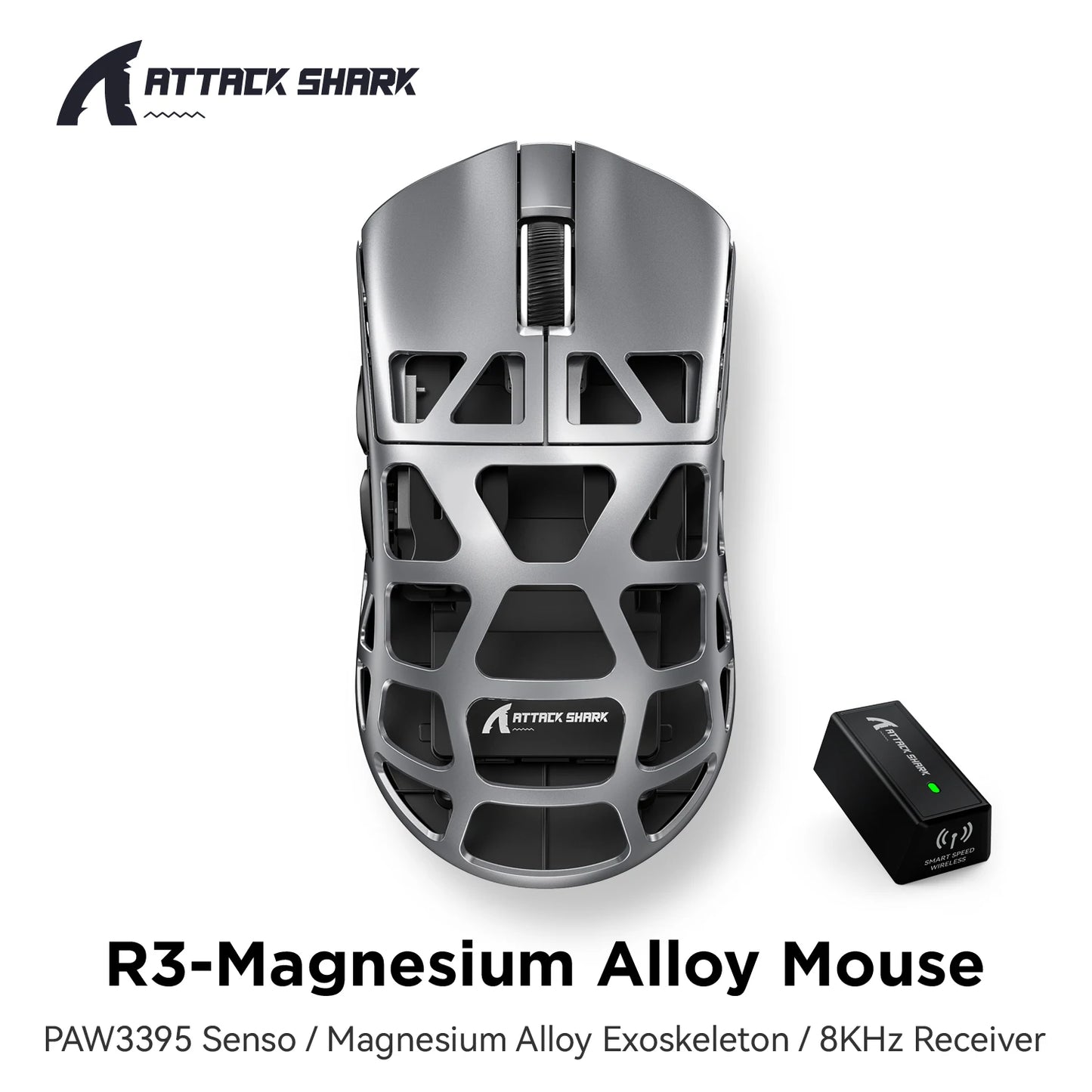 Mouse de gaming ATTACK SHARK R3 din aliaj de magneziu cu structură tip fagure, ultra-ușor, 8K Hz, senzor PAW3395, 26000 DPI, carcasă ergonomică