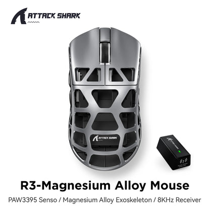 Mouse de gaming ATTACK SHARK R3 din aliaj de magneziu cu structură tip fagure, ultra-ușor, 8K Hz, senzor PAW3395, 26000 DPI, carcasă ergonomică
