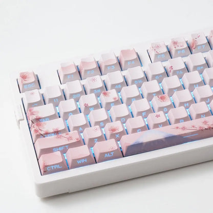 Set di keycap Sakura Pink con incisione laterale, PBT traslucido, 127 tasti, per switch MX e tastiere meccaniche 60/84/90/104/108