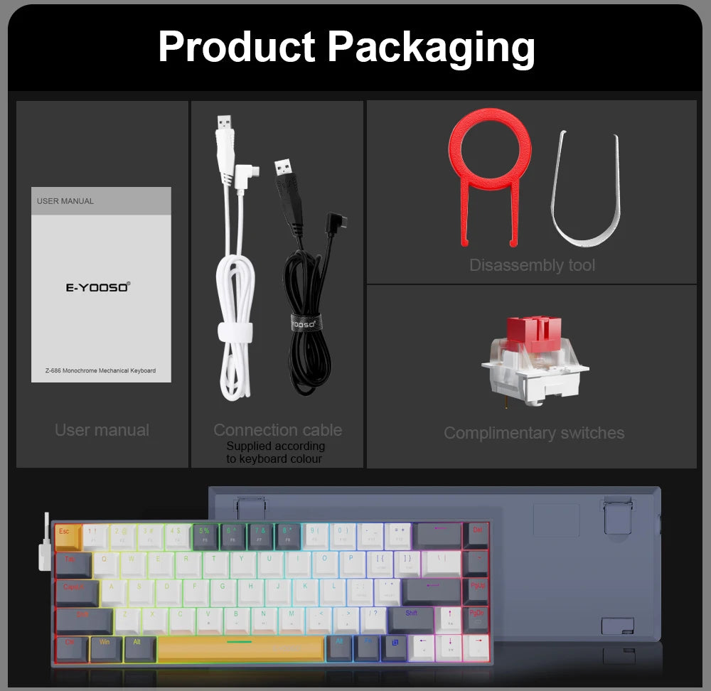 E-YOOSO Z686 RGB USB 60% Mini Slim Mechanical Gaming Wired Keyboard Red Switch 68 Keys Russian Brazilian Portuguese for Compute