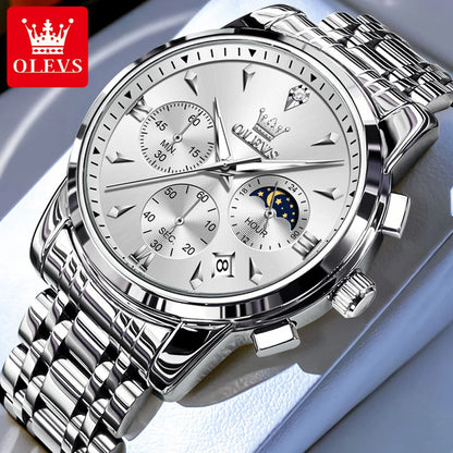 OLEVS 3639 Top Brand Original Luxury New Quartz Watch Stainless Steel Watch For Men Waterproof Luminous Moon Phase Mens Watch