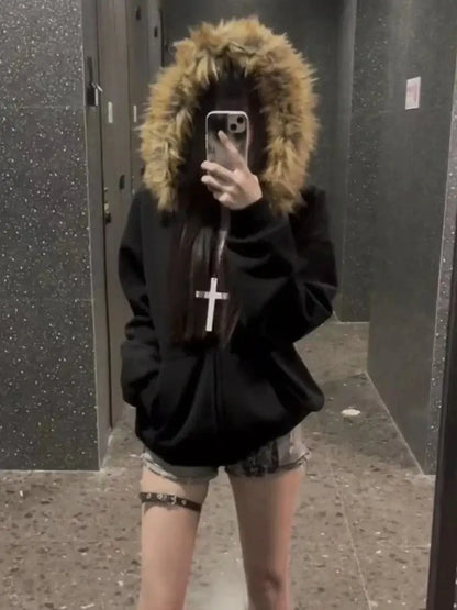 American Vintage Black Faux Fur Sweatshirts Women Letter Printed Subculture Coats with Hooded Female Gothic Harajuku Jackets Y2k, produit gaming premium Fraquane