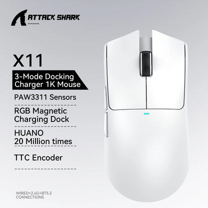 ATTACK SHARK X11 žaidimų pelė ir X11 SE belaidė pelė, 22000 DPI, PAW3311 jutiklis, BT/2.4G/laidinė, lengva 59g, 2000W paspaudimų