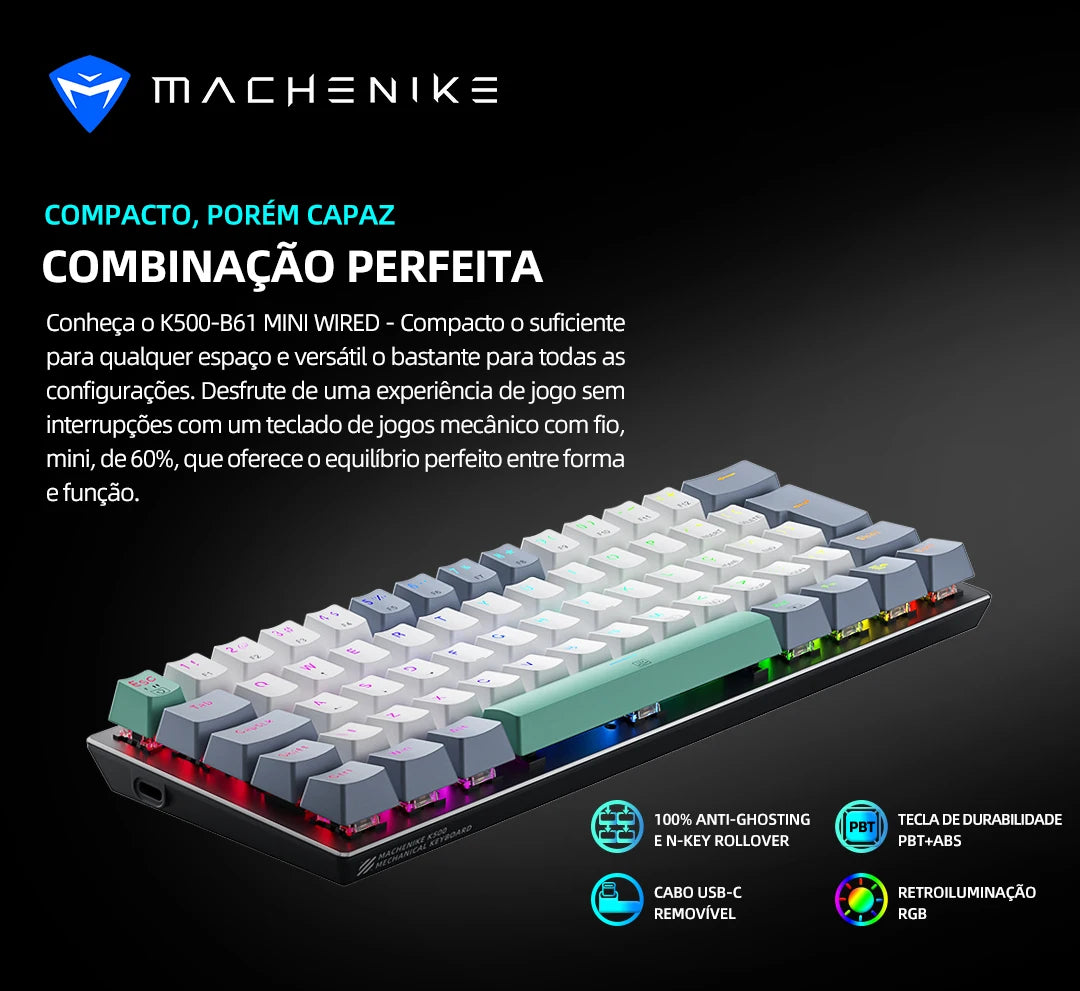Tastiera meccanica mini Machenike K500-B61 60% layout ABNT2, retroilluminazione RGB, hot-swappable, NKRO, tastiera gaming cablata per PC Gamer