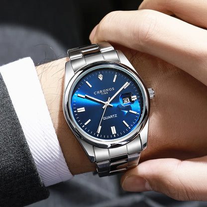CHRONOS men’s wristwatch – Luxury brand, water-resistant, luminous, with date display, made of stainless steel, quartz movement.