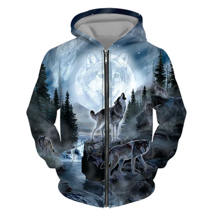 3D Wolf Print Men Zipper Hoodies Fashion Animal Pattern Top Coat Street Punk Style Oversized Sweatshirts Outdoor Leisure Jackets