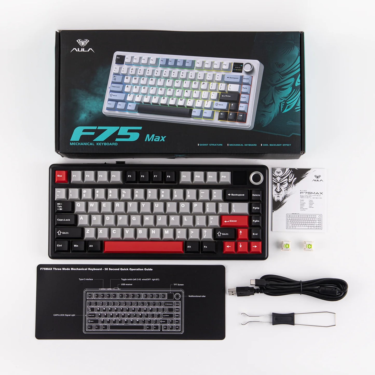 Teclado mecánico inalámbrico EPOMAKER X AULA F75 MAX compacto 75% con distribución ANSI, conexión por cable/Bluetooth/2.4GHz, pantalla TFT y perilla
