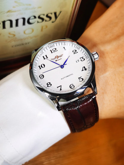 Relógio de homem WINNER – Estilo clássico, retro e elegante – Relógio mecânico automático com calendário – Marca de luxo, caixa em aço e bracelete em pele