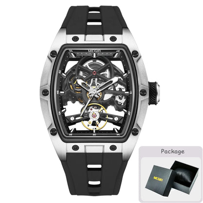 Relógio mecânico para homem MEGIR, formato de barril, mostrador esqueletizado com aberturas, estilo desportivo, bracelete em silicone, relógio automático de luxo