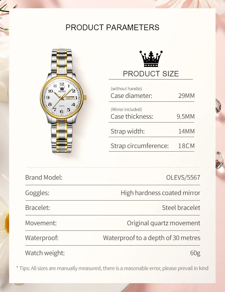 OLEVS Quartz Watch Women Fashion Ladies Watches Wrist Waterproof Luminous Stainless Steel Gold Women Watches Luxury Elegant