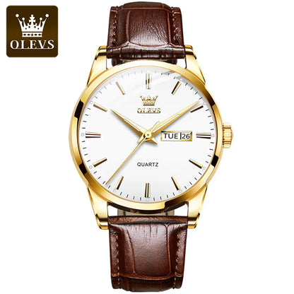 Relógio de quartzo OLEVS para homem – Estilo luxuoso e elegante, bracelete em pele, indicação da data e do dia, resistente à água, ideal para o trabalho