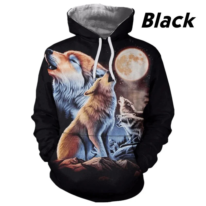 Sweatshirt com Capuz Lobo 3D Estampado, Estilo Europeu e Americano, Pullover Casual de Manga Comprida com Personalidade Animal, Modelo Popular