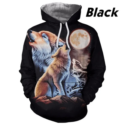 Sweatshirt com Capuz Lobo 3D Estampado, Estilo Europeu e Americano, Pullover Casual de Manga Comprida com Personalidade Animal, Modelo Popular