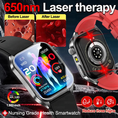 2026 New 650nm Laser Therapy Blood Fat Uric Acid Blood Pressure Smart Watch ECG+PPG Precise Health Monitor Smartwatches For Men