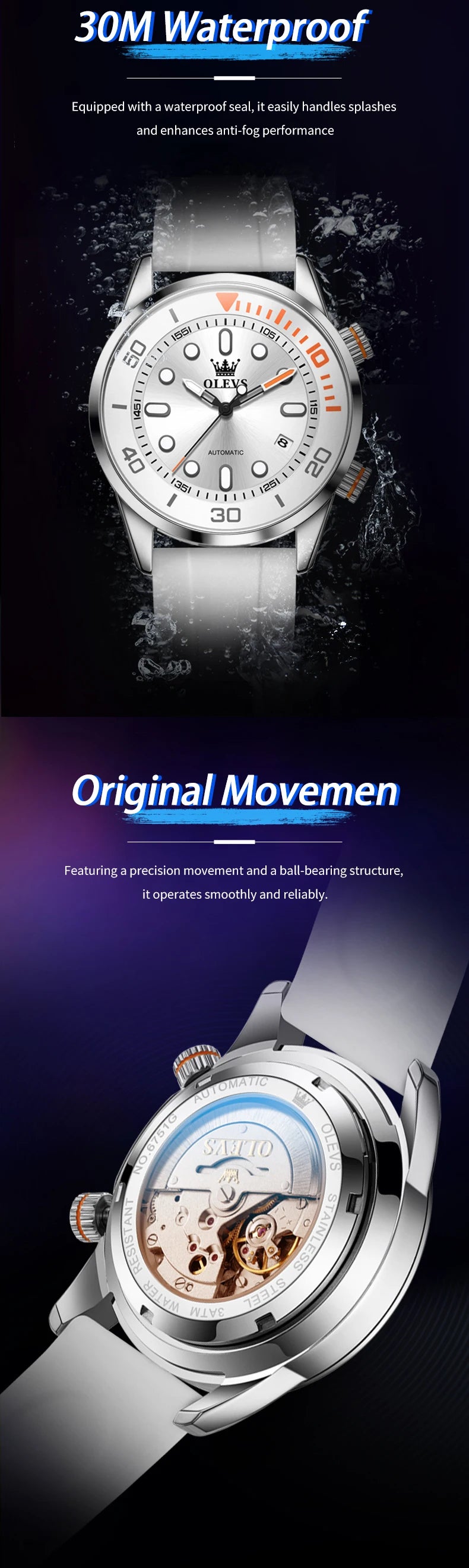 OLEVS Automatic Men's Watches Luxury Top Brand Green Water Ghost Diving Series Silicone Strap Original Mechanical Man Watch 6751