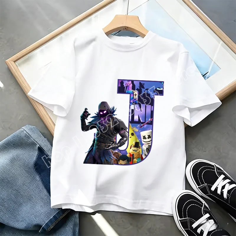 T-shirt Infantil Branco Fortnite com Estampado Alfabeto A-Z — Roupa de Verão, Jogo de Desenhos Animados Popular, Manga Curta Casual, Presente de Moda