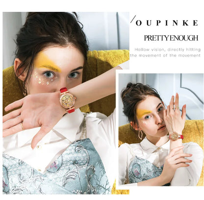 OUPINKE 3175 Women Watches Luxury Elegant Skeleton Automatic Mechanical Watches For Woman 50M Waterproof Bracelet Necklace Set