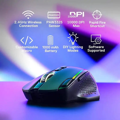 Mouse de gaming wireless Redragon M810 Pro, 10000 DPI, mouse de gamer cu fir cu tastă Rapid Fire, 8 butoane macro, mouse negru/alb