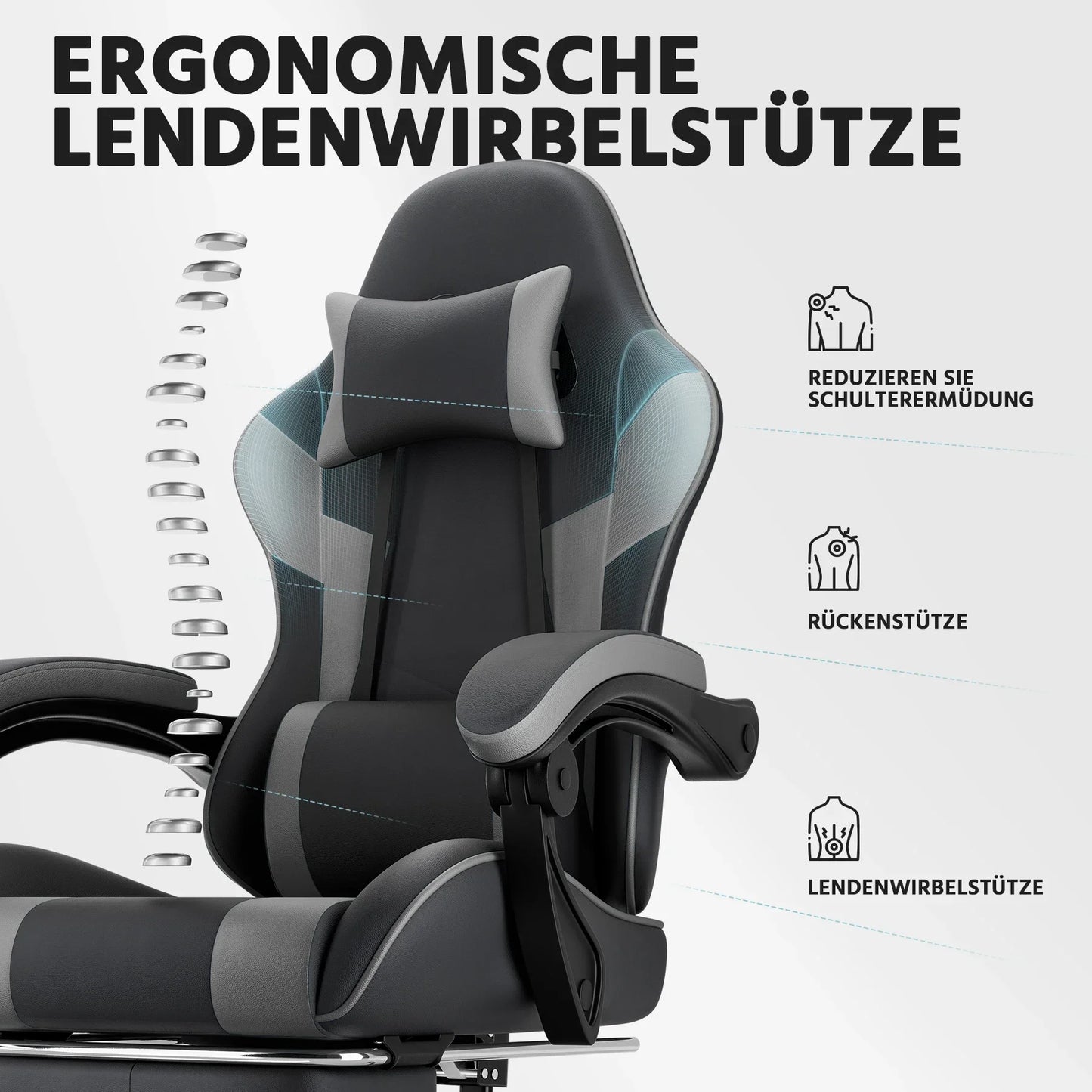 Black-Grey Ergonomic Gaming Chair, Lumbar Support, Breathable PU Leather, Adjustable Height & Backrest, 200kg for Office & PC
