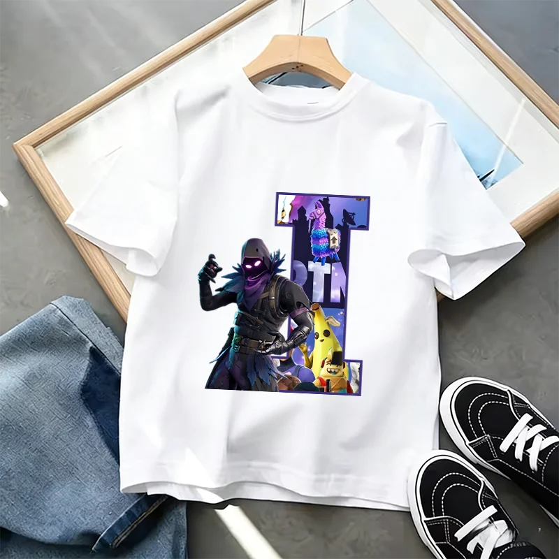T-shirt Infantil Branco Fortnite com Estampado Alfabeto A-Z — Roupa de Verão, Jogo de Desenhos Animados Popular, Manga Curta Casual, Presente de Moda