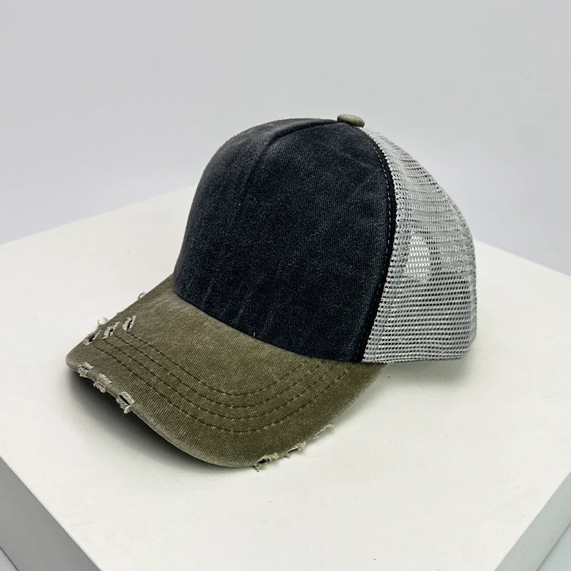New Unisex Color Block Broken Style Baseball Hats Distress Breathable Mesh Sunshade Retro Trucker Caps Versatile Simple Fashion