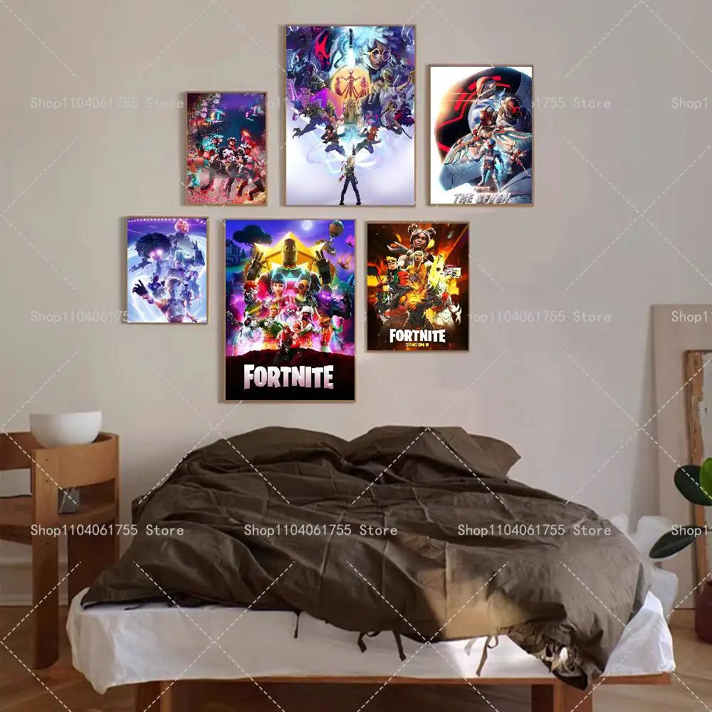 F-Fortnites-Game Póster Popular Autocolante de Arte em Papel Impermeável para Decoração de Parede de Café, Bar e Quarto